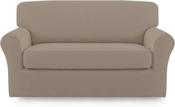 Easy-Going 2 Pieces Microfiber Stretch Sofa Slipcover – Spandex Soft Fitted Sofa Couch Cover, Washable Furniture Protector with Elastic Bottom Kids, Pet (Loveseat, Natural)