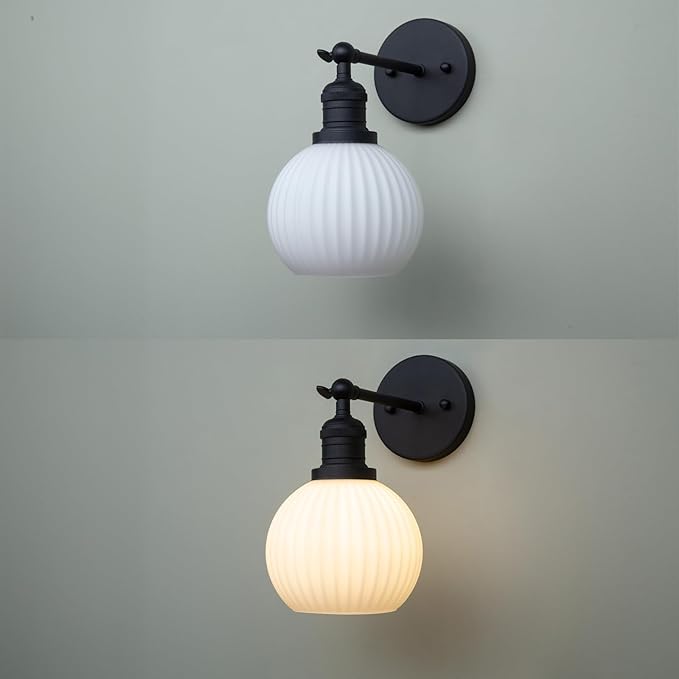 PERMO Vintage Wall Sconce Adjustable Black Sconce Globe Vanity Wall Light with Milk White Glass Shade for Farmhouse Bedroom Living Room Loft