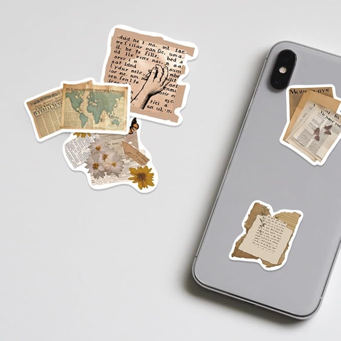 Yoksas 50Pcs Vintage Old Antique Newspaper Words Stickers - Cottagecore Old Looking Stickers for Scrapbook Supplies,Journaling,Planner,Laptops