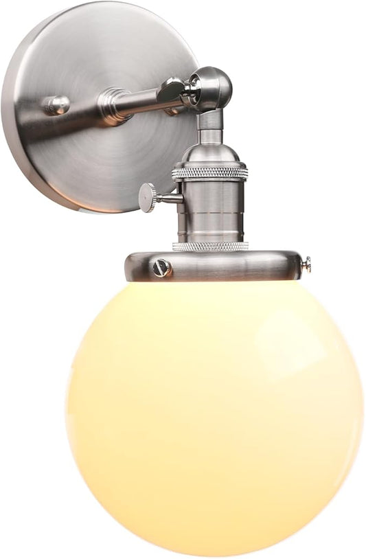 PERMO Vintage Industrial Wall Sconce with 5.9" Round Globe Milk White Glass Hand Blown Shade Brushed Nickel Sconces with E26 Bulb Base Hardwired Wall Light Fixtures