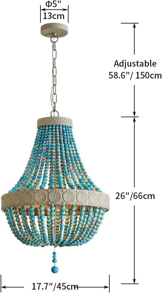 Saint Mossi Farmhouse Chandeliers, Vintage Design Wood Bead Pendant Light Fixture, D18 x H26, Adjustable 60" Chains, 4 x E12 Sockets, Rustic Blue Finish Bead & Dirt Grey Finish Metal Frame