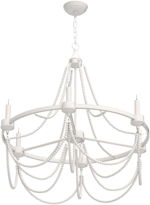 COCOSTAR 28 Inch White Beaded Chandelier Bohemian Style, 6-Light Retro Wood Country Chandelier, Farmhouse Chandeliers for Dining Room, White with Gold, (Bulb Not Included)