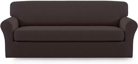 Easy-Going 2 Pieces Microfiber Stretch Sofa Slipcover – Spandex Soft Fitted Sofa Couch Cover, Washable Furniture Protector with Elastic Bottom Kids,Pet (Sofa, Chocolate