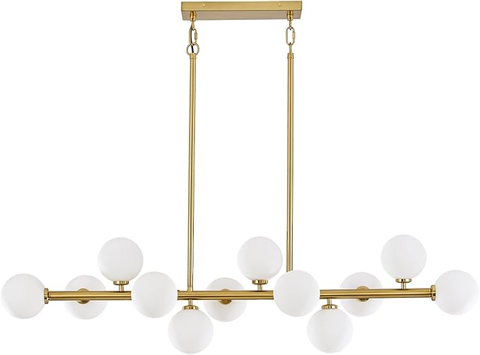 50" Long Modern Sputnik Globe Chandelier, Large 12-Light Mid Century Light Fixture Over Table, Brass Gold Linear Chandeliers for Dining Room and Kitchen Island (Milk White Glass Bubble Shades)