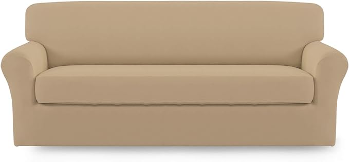 Easy-Going 2 Pieces Microfiber Stretch Sofa Slipcover – Spandex Soft Fitted Sofa Couch Cover, Washable Furniture Protector with Elastic Bottom Kids,Pet (Oversized Sofa, Pale Yellow)