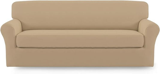 Easy-Going 2 Pieces Microfiber Stretch Sofa Slipcover – Spandex Soft Fitted Sofa Couch Cover, Washable Furniture Protector with Elastic Bottom Kids,Pet (Oversized Sofa, Pale Yellow)
