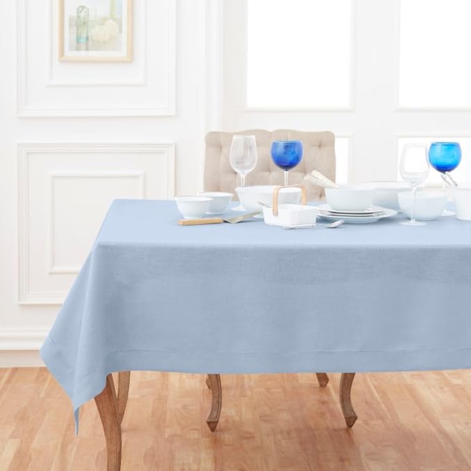 Solino Home Sky Blue Linen Tablecloth 54 x 72 Inch - 100% Pure Linen Hemstitch Table Cloth for Rectangle Tables - Classic Hemstitch, Machine Washable Tablecloth