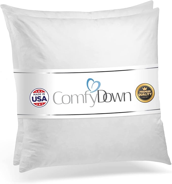 ComfyDown Set of Two20X20 Decorative Throw Pillow Insert, Down and Feathers Fill, 100% Cotton Cover 233 Thread Count, Square Pillow Insert - Made in USA