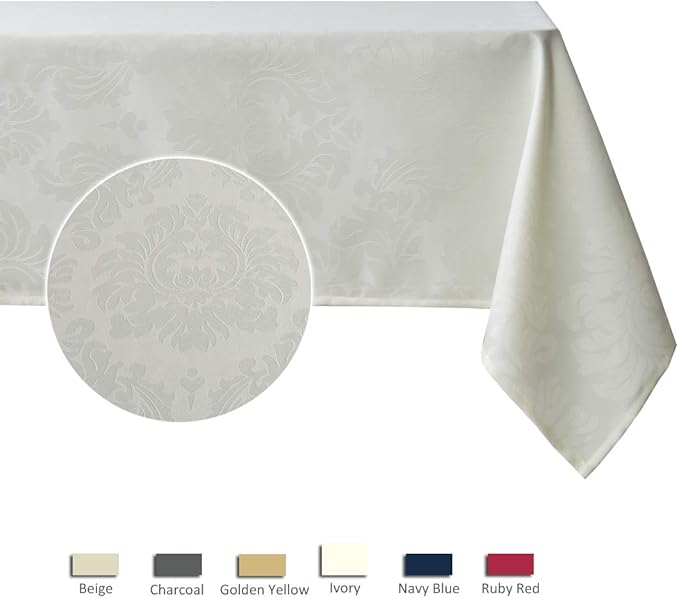 maxmill Square Tablecloth Damask Design Water Proof Wrinkle Free Heavy Weight Soft Tablecloth Decorative Table Cover for Outdoor and Indoor Use Square 60 x 60 Inch Ivory