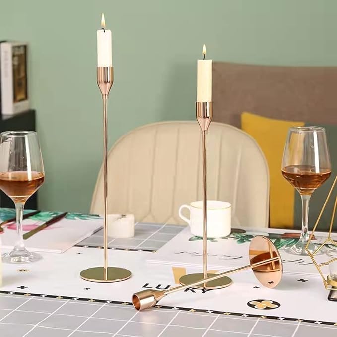 French Gold Taper Candle Holders,Set of 6 Tall Taper Candlestick fit for 3/4" Thick Pillar Candle&Led Modern Metal Candle Stands Decorative Table Centerpieces for Dinning Party Church,Decorative