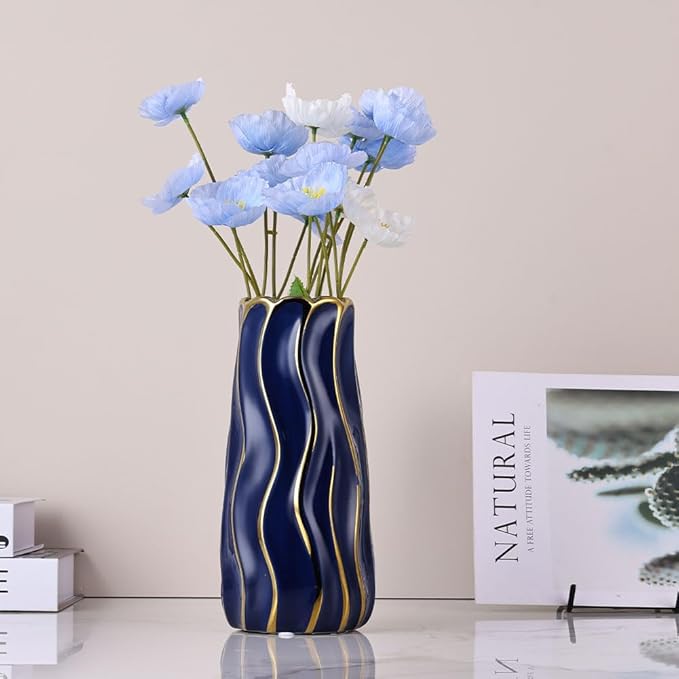 9.5" Blue Ceramic Vase - Minimalist Blue and Gold Flower Vase, Blue Decor Large Pampas Grass Vase, Boho Decorative Centerpiece Vase for Home Decor, Table, Shelf, Mantel, and Entryway