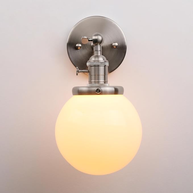 PERMO Vintage Industrial Wall Sconce with 5.9" Round Globe Milk White Glass Hand Blown Shade Brushed Nickel Sconces with E26 Bulb Base Hardwired Wall Light Fixtures