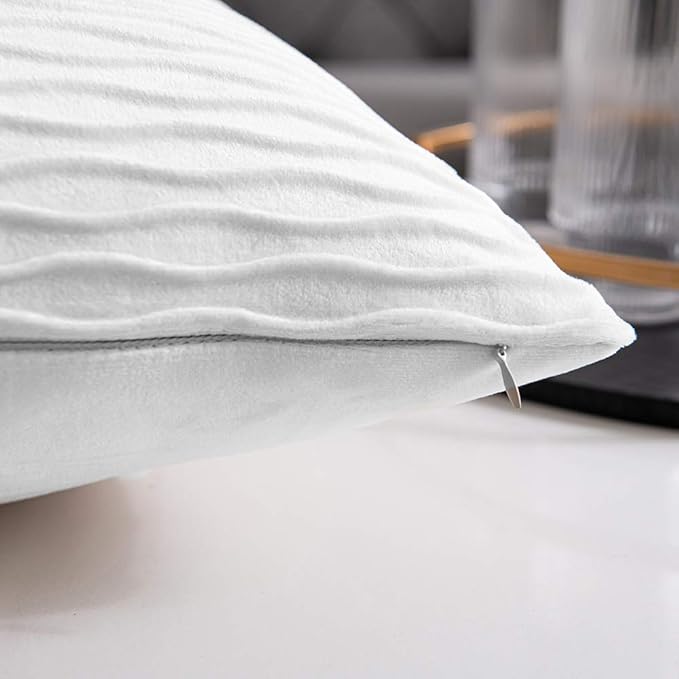 White Striped Couch Pillow Cases: 2 Pack 20x20 Inch Original Velvet Square Throw Pillow Covers for Farmhouse Home Decor
