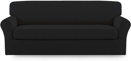Easy-Going 2 Pieces Microfiber Stretch Sofa Slipcover – Spandex Soft Fitted Sofa Couch Cover, Washable Furniture Protector with Elastic Bottom Kids,Pet (Oversized Sofa, Black)