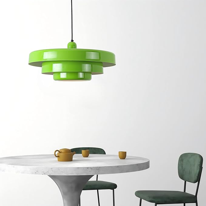 Modern Large Pendant Light Fixture, 17.7 inch Vintage Green Ceiling Hanging Lamp with 3-Layer Metal Shade, Height Adjustable, Mid Century Chandelier for Kitchen Island Lighting,Dining Room