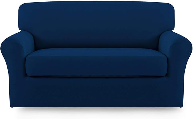 Easy-Going 2 Pieces Microfiber Stretch Sofa Slipcover – Spandex Soft Fitted Sofa Couch Cover, Washable Furniture Protector with Elastic Bottom Kids, Pet (Loveseat, Navy