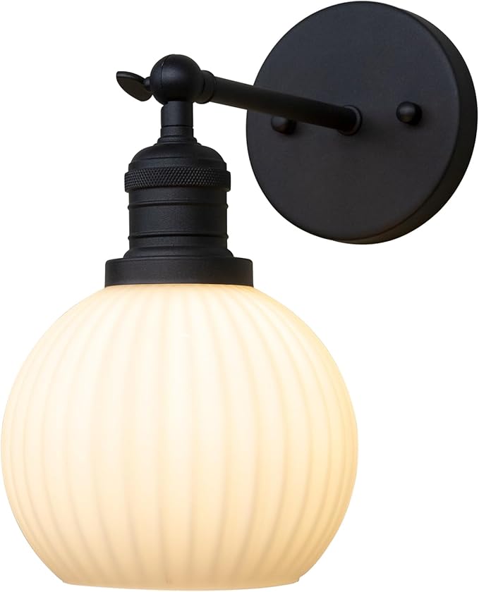 PERMO Vintage Wall Sconce Adjustable Black Sconce Globe Vanity Wall Light with Milk White Glass Shade for Farmhouse Bedroom Living Room Loft