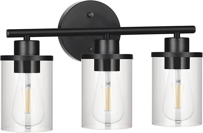 EDISHINE Bathroom Light Fixtures, 3 Light Bathroom Vanity Light, Matte Black Bathroom Lights Over Mirror with Clear Glass Shade for Bedroom Powder Room Vanity Table Kitchen (E26 Base)