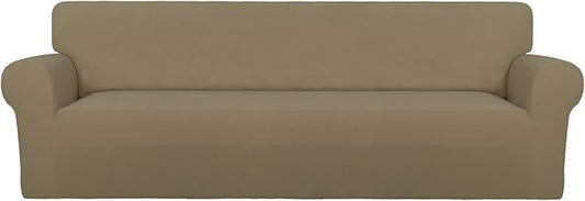 PureFit Super Stretch 4 Seater Sofa Slipcover – Spandex Non Slip Soft Couch Sofa Cover, Washable Furniture Protector with Non Skid Foam and Elastic Bottom for Kids, Pets （XX Large, Tan）