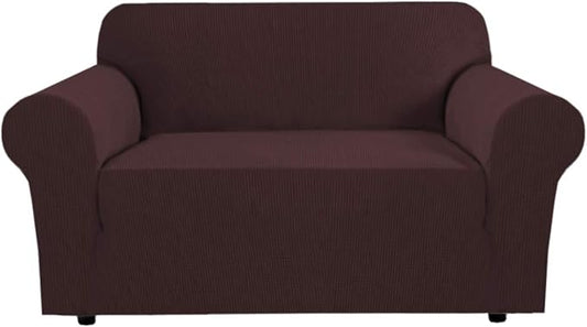 H.VERSAILTEX Stretch Love Seat Couch Covers Couch Slipcovers for 2 Cushion Couch Sofa Cover for Loveseat 1 Piece with Elastic Bottom, Textured Checked Jacquard Fabric(Loveseat 58"-70" Wide, Chocolate)