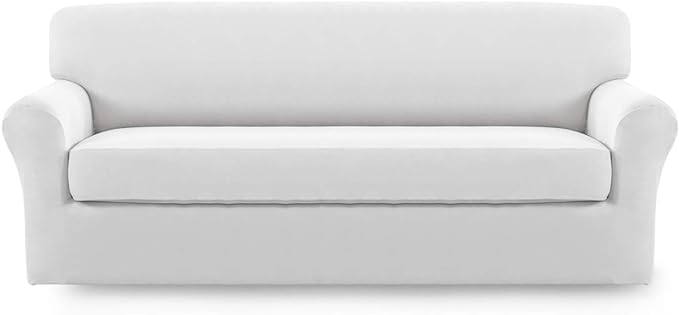 Easy-Going 2 Pieces Microfiber Stretch Sofa Slipcover – Spandex Soft Fitted Sofa Couch Cover, Washable Furniture Protector with Elastic Bottom Kids,Pet (Oversized Sofa, Snow White