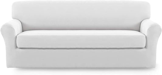 Easy-Going 2 Pieces Microfiber Stretch Sofa Slipcover – Spandex Soft Fitted Sofa Couch Cover, Washable Furniture Protector with Elastic Bottom Kids,Pet (Oversized Sofa, Snow White