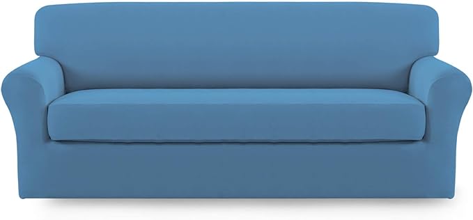 Easy-Going 2 Pieces Microfiber Stretch Sofa Slipcover – Spandex Soft Fitted Sofa Couch Cover, Washable Furniture Protector with Elastic Bottom Kids,Pet (Sofa, Light Blue)