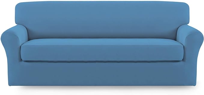 Easy-Going 2 Pieces Microfiber Stretch Sofa Slipcover Spandex Soft Fitted Sofa Couch Cover, Washable Furniture Protector with Elastic Bottom Kids,Pet (XLarge,Light Blue)