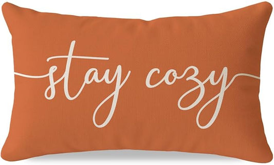 PANDICORN Fall Pillow Cover 12x20 Warm Orange, Stay Cozy Lumbar Decorative Cushion Case for Couch Sofa Bed, Autumn Rustic Farmhouse Decor or Porch Fall Decorations