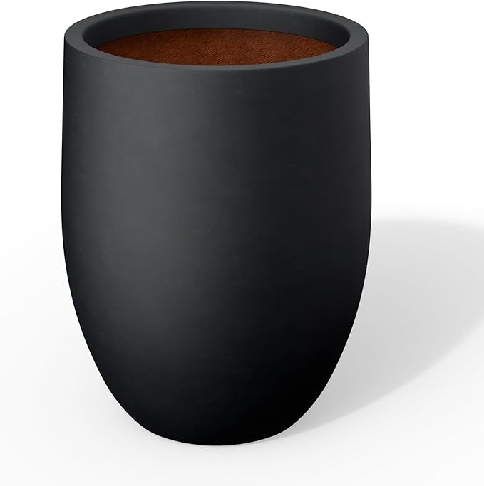 Kante 16.5 Inch Tall Concrete Planter, Large Indoor Outdoor Plant Pot with Drainage, Smooth Black Finish with Warm Brown Interior, Ideal for Porch, Home, Garden, Patio