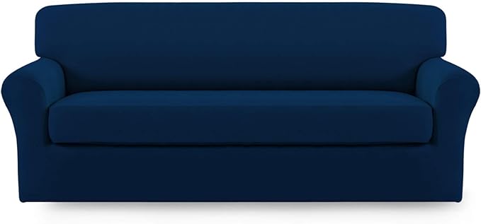 Easy-Going 2 Pieces Microfiber Stretch Sofa Slipcover – Spandex Soft Fitted Sofa Couch Cover, Washable Furniture Protector with Elastic Bottom Kids,Pet (Sofa, Navy