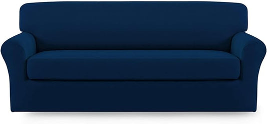 Easy-Going 2 Pieces Microfiber Stretch Sofa Slipcover – Spandex Soft Fitted Sofa Couch Cover, Washable Furniture Protector with Elastic Bottom Kids,Pet (Oversized Sofa, Navy
