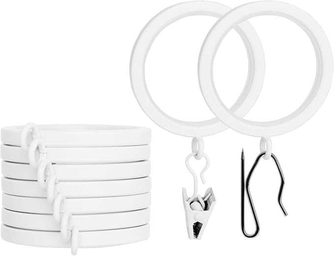 BlastHome® Luxury Curtain Rings - Premium Metal with Quiet, Smooth Nylon Inserts - Pinhooks and Clips Included - 1 1/2" Inside Diameter - 9 Rings for One Standard Curtain - White