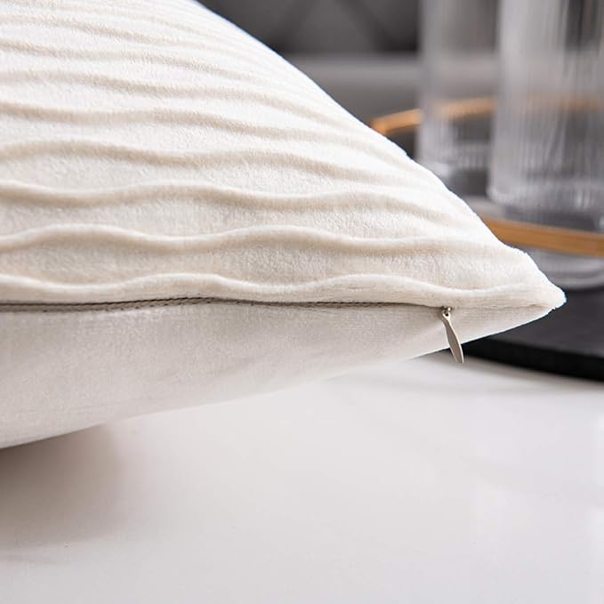 Ivory White Couch Pillow Covers: 2 Pack 20x20 Inch Original Striped Velvet Square Throw Pillow Cases for Farmhouse Home Decor