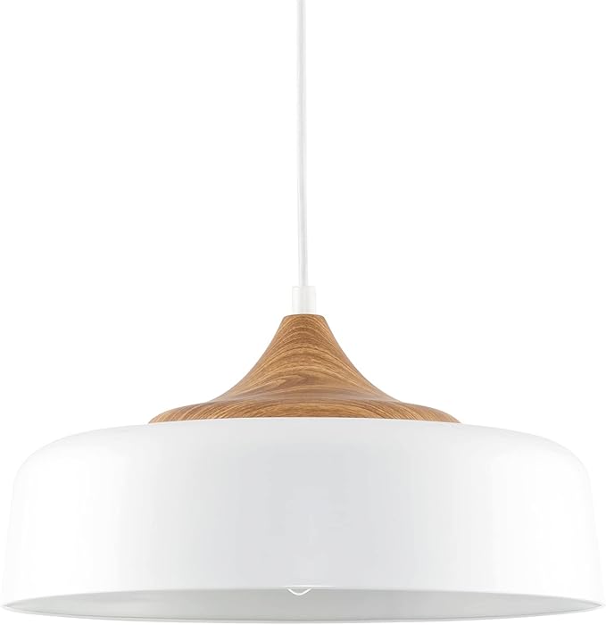 Kira Home Riley 16" Retro Modern Pendant Light + White Metal Shade, Adjustable Hanging Height, Wood Finish Accent