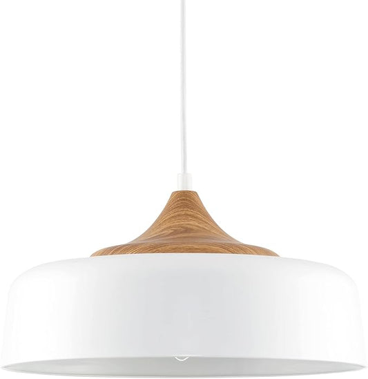 Kira Home Riley 16" Retro Modern Pendant Light + White Metal Shade, Adjustable Hanging Height, Wood Finish Accent