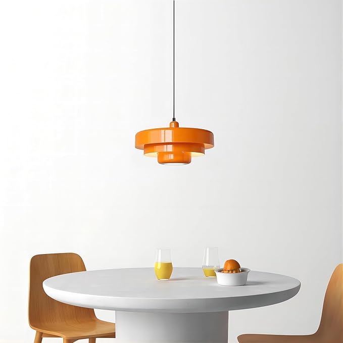 Mid Century Pendant Light Fixtures 13.78 inch, 1 - Light Ceiling Pendant Lamp with 3-Layer Metal Shade, Height Adjustable, Vintage Orange Hanging Lamp for Kitchen Island Lighting,Dining Room