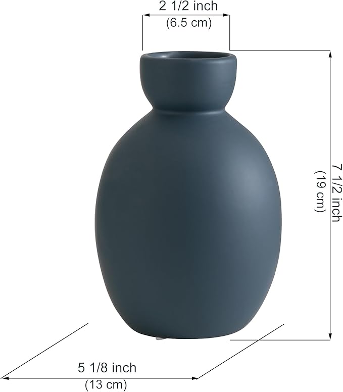 Blue Ceramic Vase, Small Modern Decorative Terracotta Flower Vases for Table, Living Room, Shelf, Bookshelf and Entryway Decor
