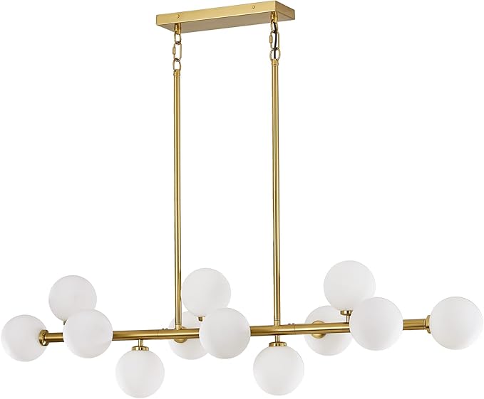 50" Long Modern Sputnik Globe Chandelier, Large 12-Light Mid Century Light Fixture Over Table, Brass Gold Linear Chandeliers for Dining Room and Kitchen Island (Milk White Glass Bubble Shades)