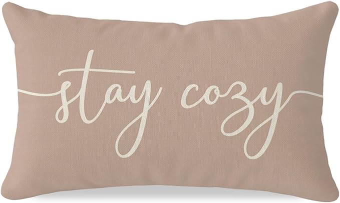 PANDICORN 12 x 20 Throw Pillow Cover Warm Beige, Stay Cozy Lumbar Decorative Cushion Case for Couch Sofa Bed, Farmhouse Fall Living Room or Entryway Bench Decor