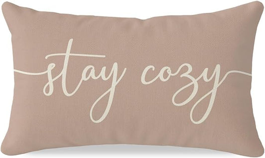PANDICORN 12 x 20 Throw Pillow Cover Warm Beige, Stay Cozy Lumbar Decorative Cushion Case for Couch Sofa Bed, Farmhouse Fall Living Room or Entryway Bench Decor