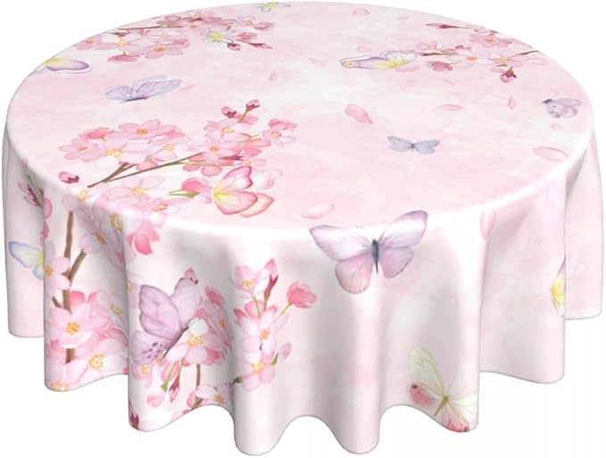 Cherry Blossom Tablecloth, Watercolor Pink Floral Butterfly Seasonal Farmhouse Water Resisitant Wipeable Table Cover for Dining Kitchen Living Room Home Party Holiday Decor 60 inch Round