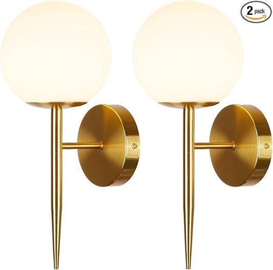 Modern Gold Globe Wall Sconce Decor Set of 2, Industrial Mid Century Bathroom Vanity Wall Light with White Globe Glass Shade Brushed Brass Wall Lamp for Restaurant Living Room Bedside Stairs