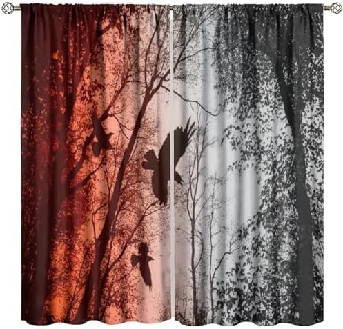 Gothic Halloween Forest Blackout Window Curtains, Scary Crow Forest Gothic Theme Window Treatments Drapes, for Bedroom Living Room 31.5(W)*72(L) 2 Panels