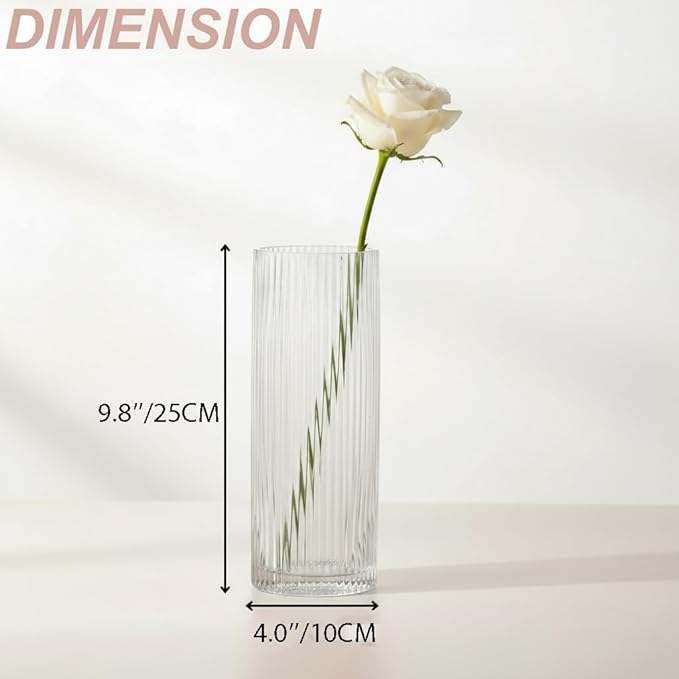Clear Glass Vase, Glass Flower Vase, Ribbed Glass Vase, Clear Vase, Tall Cylinder Glass Vases for Centerpieces, Living Room, Dining Table, Office, Wedding, Bookshelf Decoration, 9.8 Inches