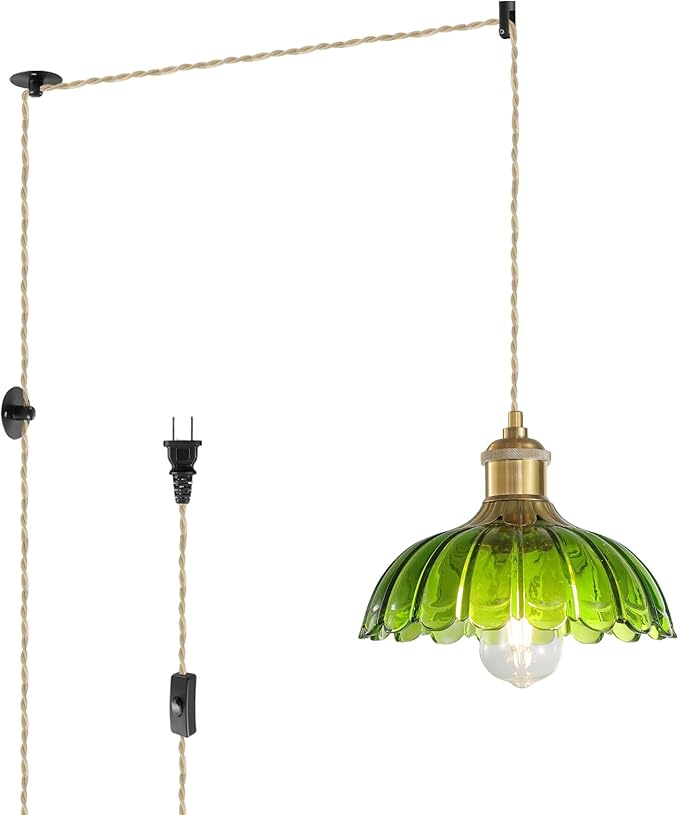 Plug in Pendant Light Fixtures: Hanging Lamp Plug in Green Glass Pendant Lamp, Hanging Light for Kitchen Island, Bedroom, Dining Room, Living Room, E26 No Bulb