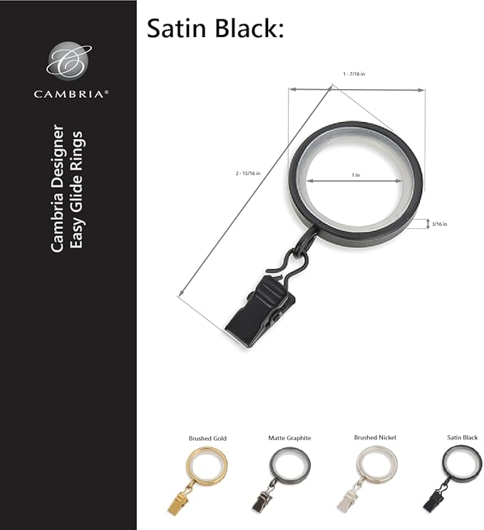 MODE Cambria Designer Series - Premium Easy Glide 18 Count Small Curtain Rings - Metal with Nylon Inserts and Clips - 1 inch Diameter - use for rods 5/8" or Smaller - Satin Black Finish