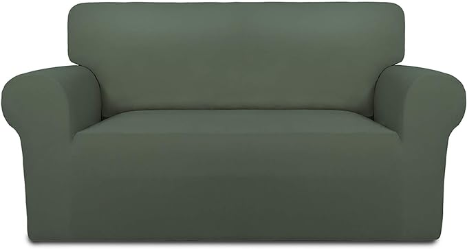 PureFit Super Stretch Sofa Slipcover – Spandex Non Slip Soft Couch Sofa Cover, Washable Furniture Protector with Non Skid Foam and Elastic Bottom for Kids, Pets （Loveseat, Grayish Green）