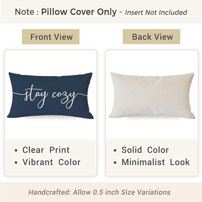 PANDICORN Navy Blue Pillow Cover 12x20 Inch, Stay Cozy Relax Farmhouse Lumbar Decorative Cushion Case for Couch Sofa Bed, Fall Winter Living Room or Porch Holiday Decorations