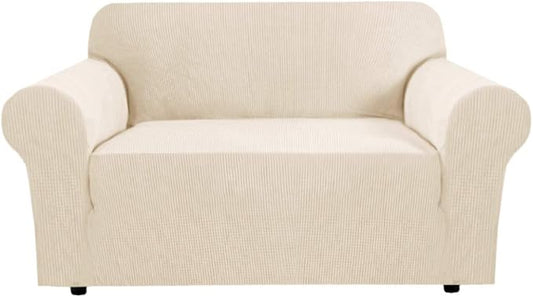 H.VERSAILTEX Stretch Couch Cover Loveseat Covers for 2 Cushion Couch Sofa Cover for Love seat 1 Piece with Elastic Bottom, Textured Checked Jacquard Fabric(Loveseat 58"-70" Wide, Natural)